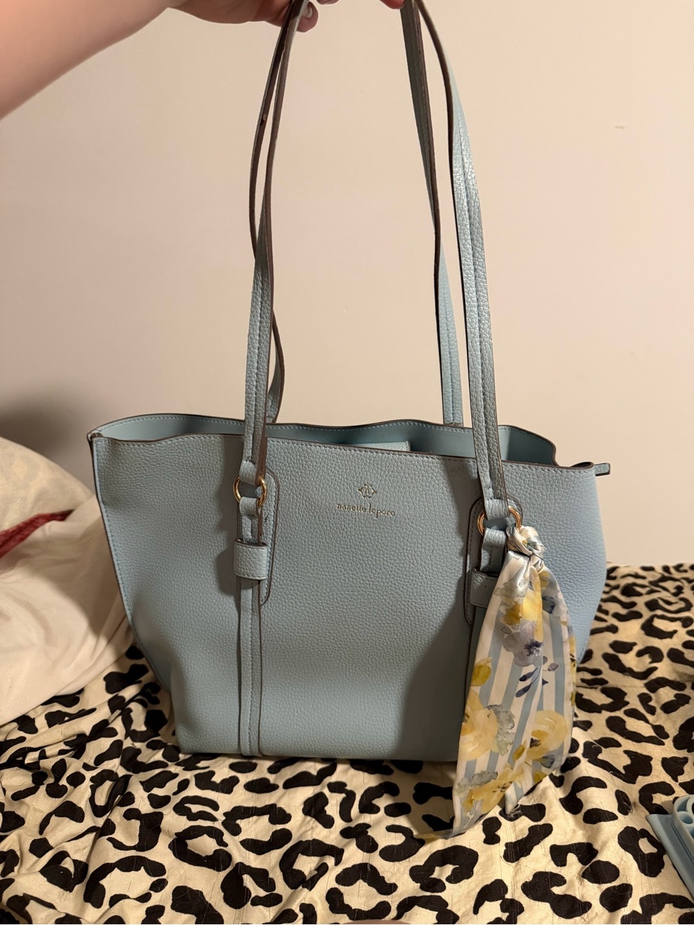 Nanette Lepore Light Blue Leather Shoulder Tote with Floral Scarf